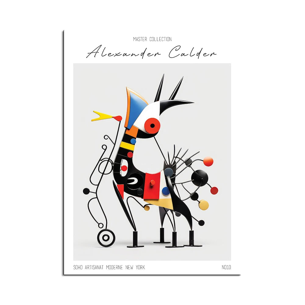 L'image présente une œuvre d'art abstraite colorée et géométrique, créée par l'artiste Alexander Calder. L'œuvre se compose de formes et de couleurs vives, formant une composition dynamique et énergique.