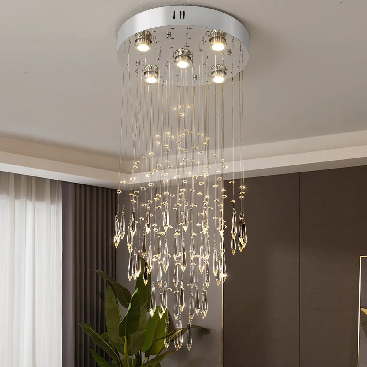 lustre cristal suspendu moderne argenté gouttes transparentes salon salle manger luxe