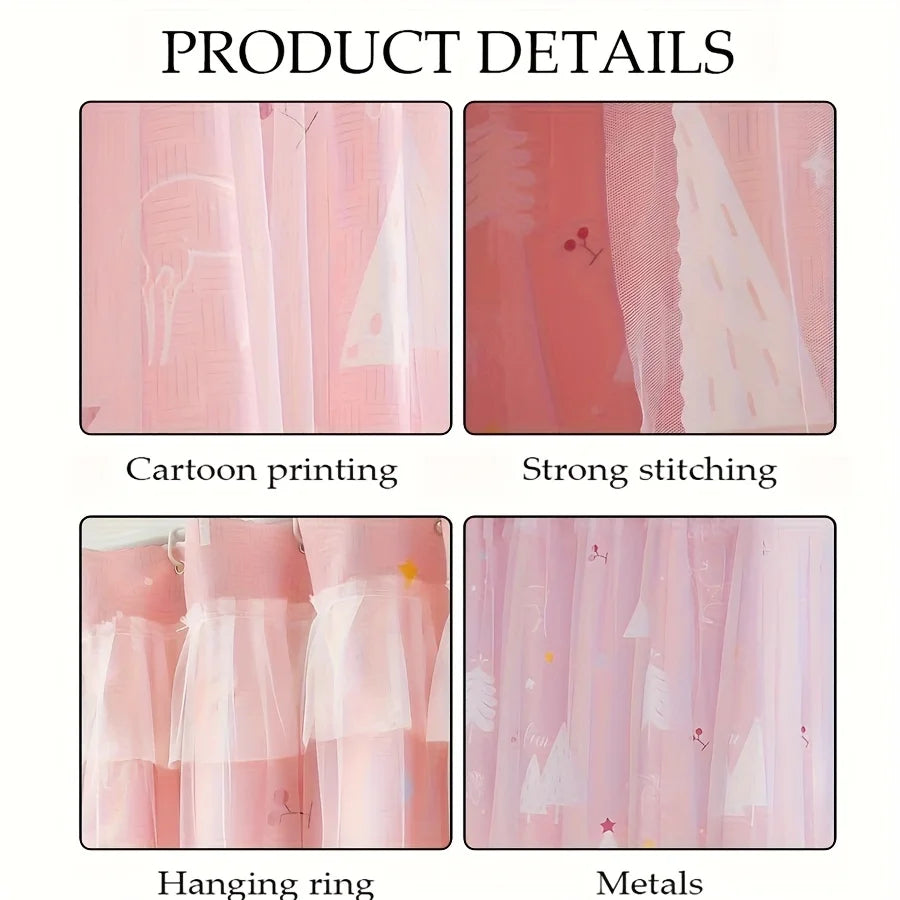 rideau lit enfant rose motif montagne étoiles tulle semi transparent mignon métalliques