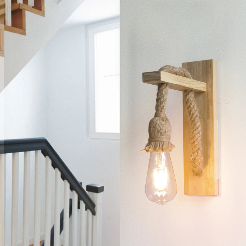 lampe suspension rustique bois naturel corde beige vintage éclairage mur fixé led e27