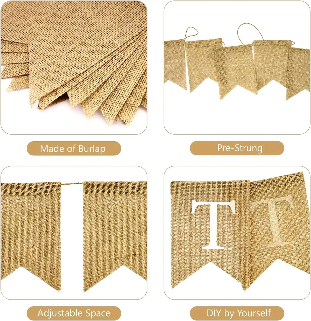 guirlande décorative jute 15 fanions 13cmx18cm 35m total mariage anniversaire révélation sexe rustic