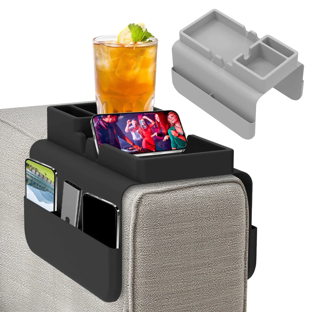 plateau accoudoir canapé silicone gris blanc rangement téléphone télécommande boissons collations modernes utilitaires