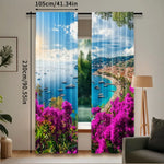 rideau moderne paysagiste bleu ciel nuages bateaux fleurs plage polyester 75x166cm