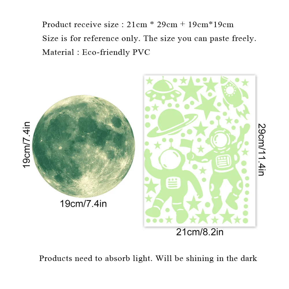 sticker mural adhésif astronautes étoiles lune spatial glow nuit vert clair geometrique decoratif pvc