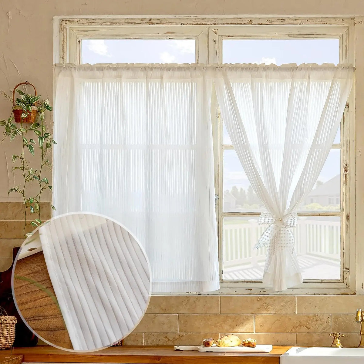 rideau blanc rayures transparent moderne intérieur filtration lumière poignéeextérieur polyester