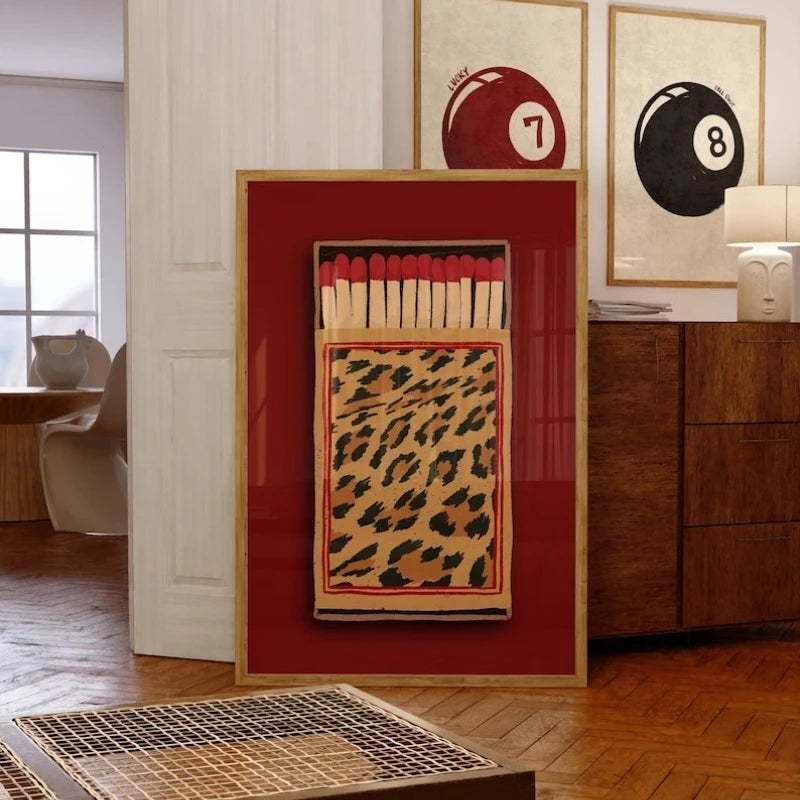 affiche décoration boîte allumettes rétro léopard moderne sans cadre rouge beige noir