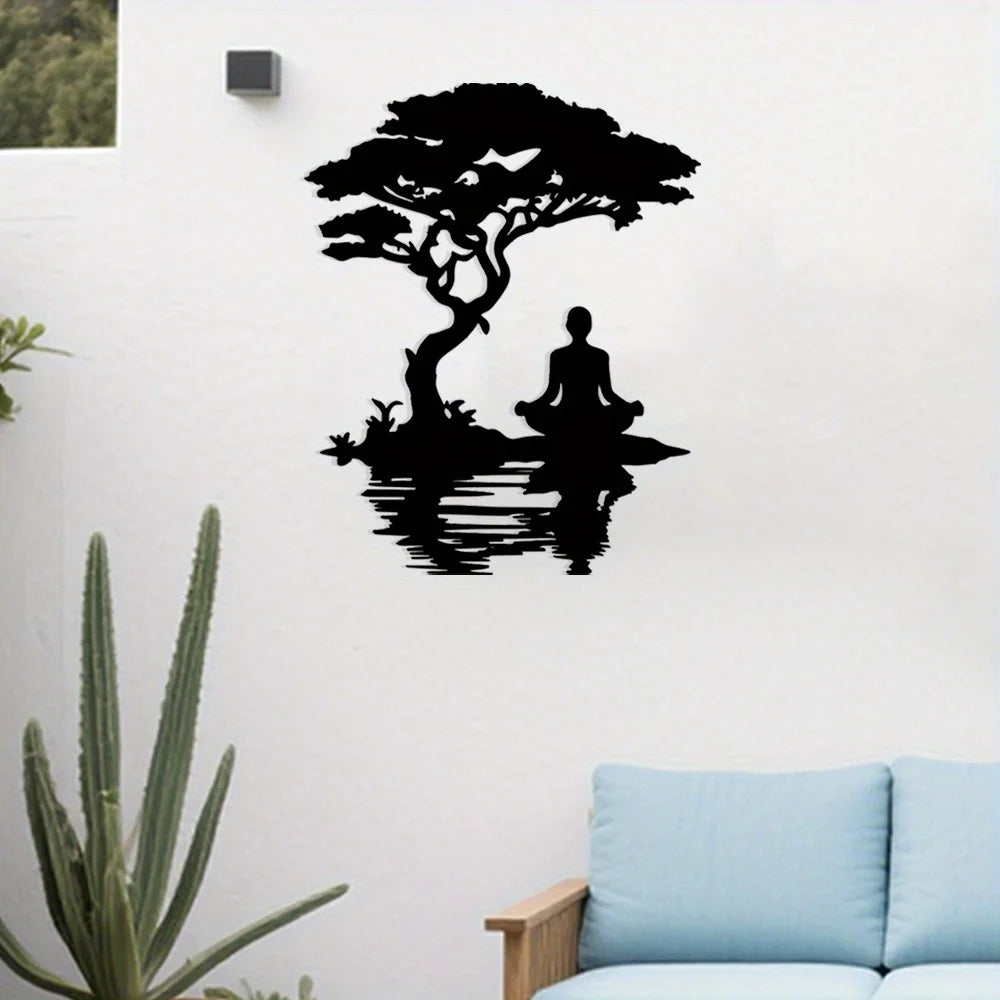 décoration murale autocollant silhouette méditation arbre noir minimalisteintérieur maison patio balcon