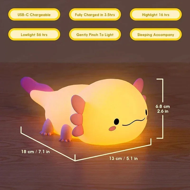 lampe nuit axolotl motif mignon texture souple moderne couleur rose blanc jaune rechargeable usb