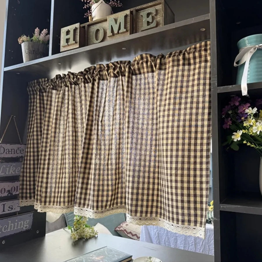 rideau marron clair carreaux gingham vintage polyester ruban dentelle cuisine chambre salon