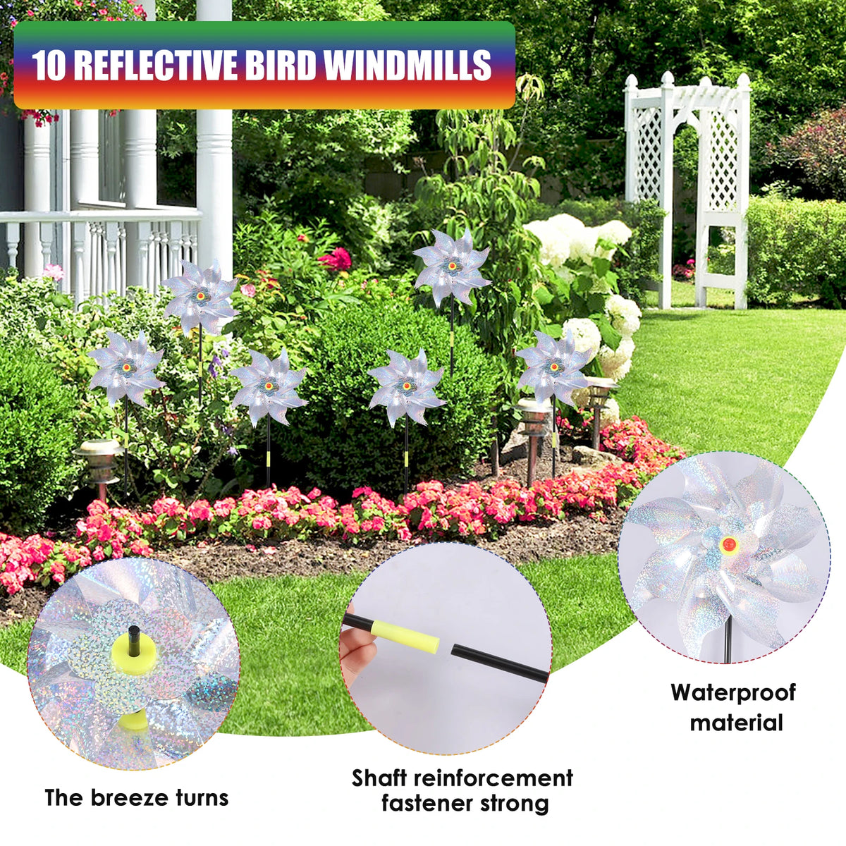 soufflet oiseaux girouette argent arc ciel extérieur décoration jardin ludique fixe pales holographiques 10