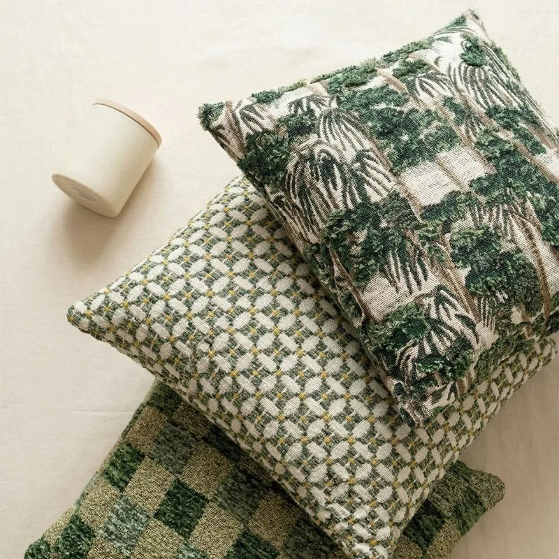 housses coussins carrés verts palmiers vintage décor maison adhésifs texturés polyester Jacquard