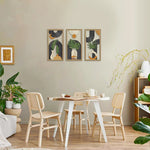 tableaux abstraits modernes bois noir blanc vert feuilles demi lunes dorées minimaliste