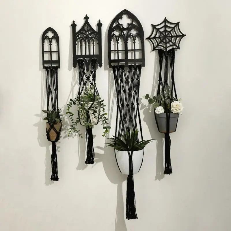 support plante suspendu macramé géométrique noir artisanal moderneintérieur décoration salon balcony