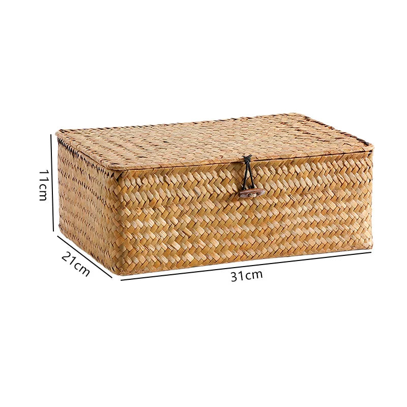 boîtes rangement tissage paille naturelle rustique boucles métalliques respectueux environnement multiple utilisations