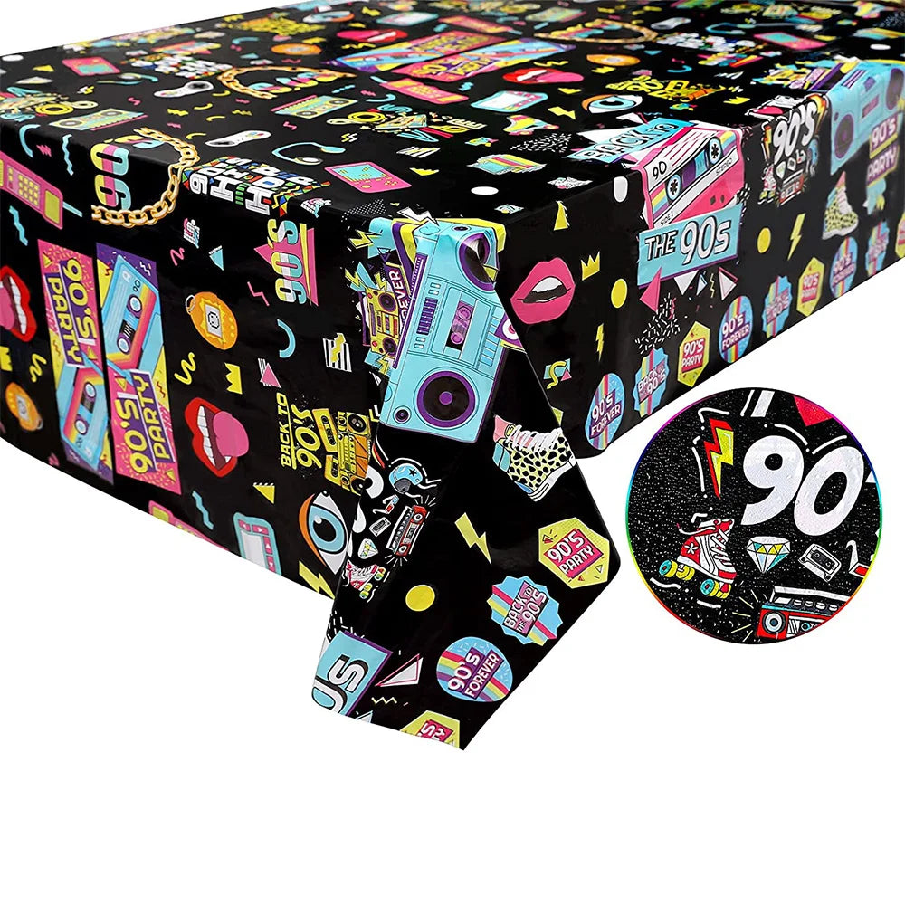 nappe jetable 90s anniversaire graphique cassette audio noir rose jaune bleu festive retrogaming tableDecoration