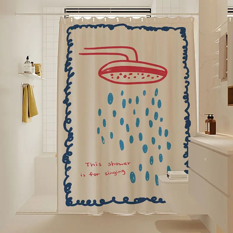 rideau douche imperméable motif gouttes pluie dessin humoristique beige bleu rouge noir