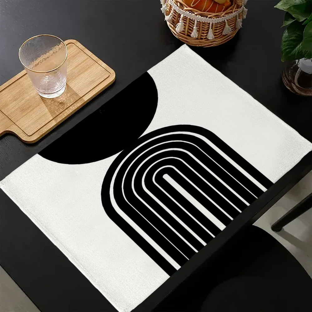 tapis table moderne minimaliste beige noir marron clair lignes cercles 30x45cm polyestere lin