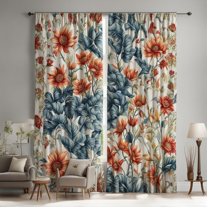 Femme touchant un Rideau oriental moderne à motifs floraux, Transformez votre intérieur avec un rideau oriental moderne.
O...