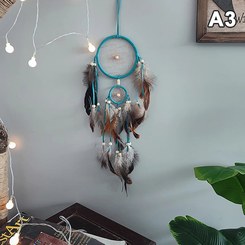 attrape rêves ethnique attrape rêves boho chic plumes fil raphia marron bleu blanc