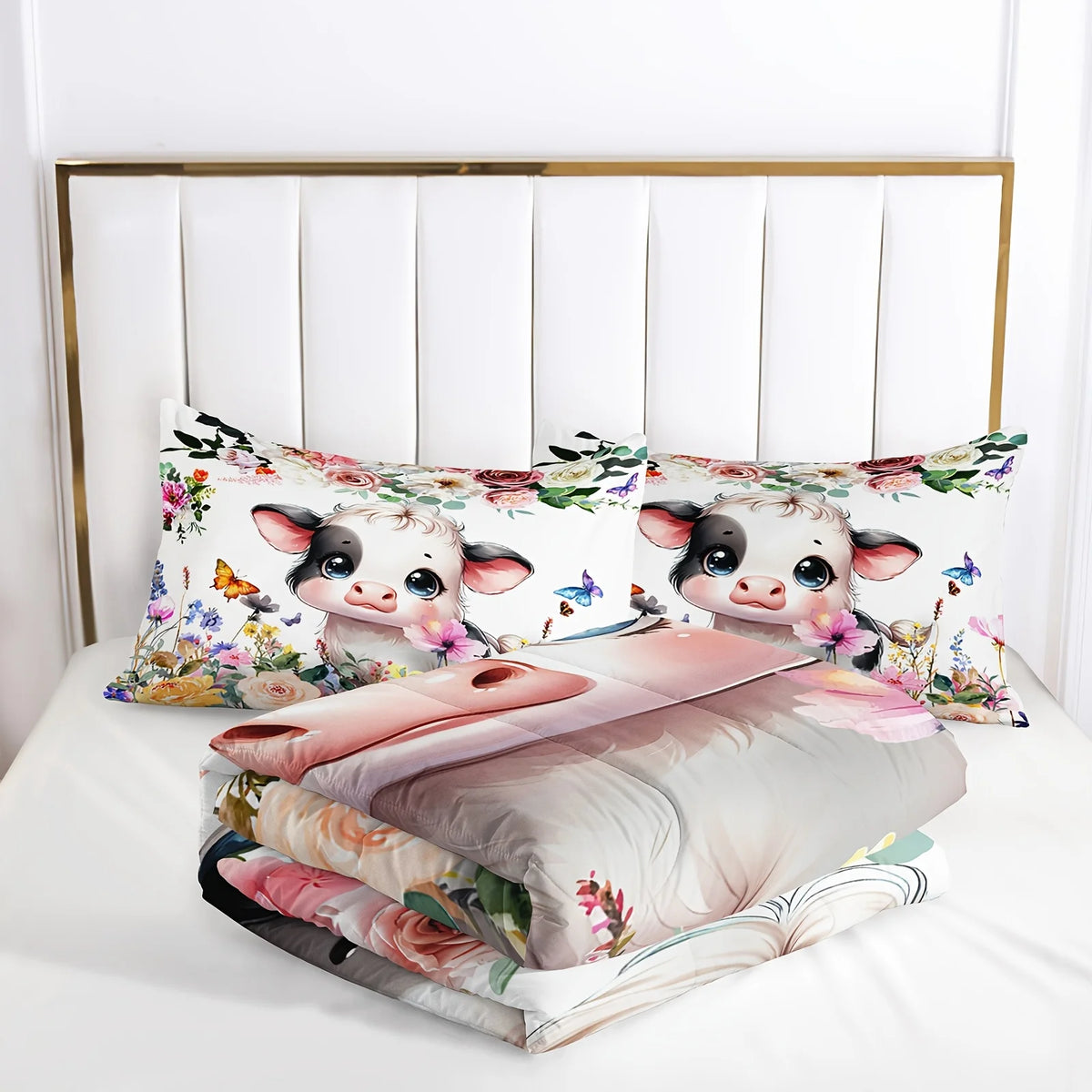 ensemble literie impression 3d fleurs papillons visage vache moderne enfant blanc noir rose jaune