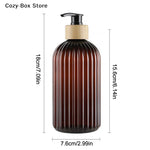 flacons savon liquide marron noir blanc rayures modernes pompes pression étiquettes bois shampoo conditioner