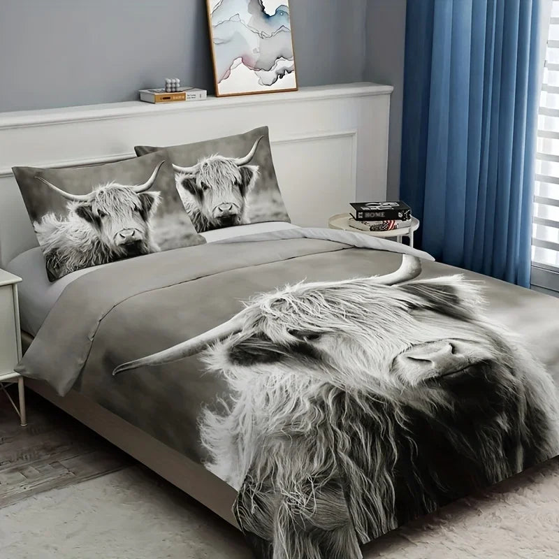 ensemble literie gris noir blanc imprimé taureau moderne housse couette taie oreiller zip king