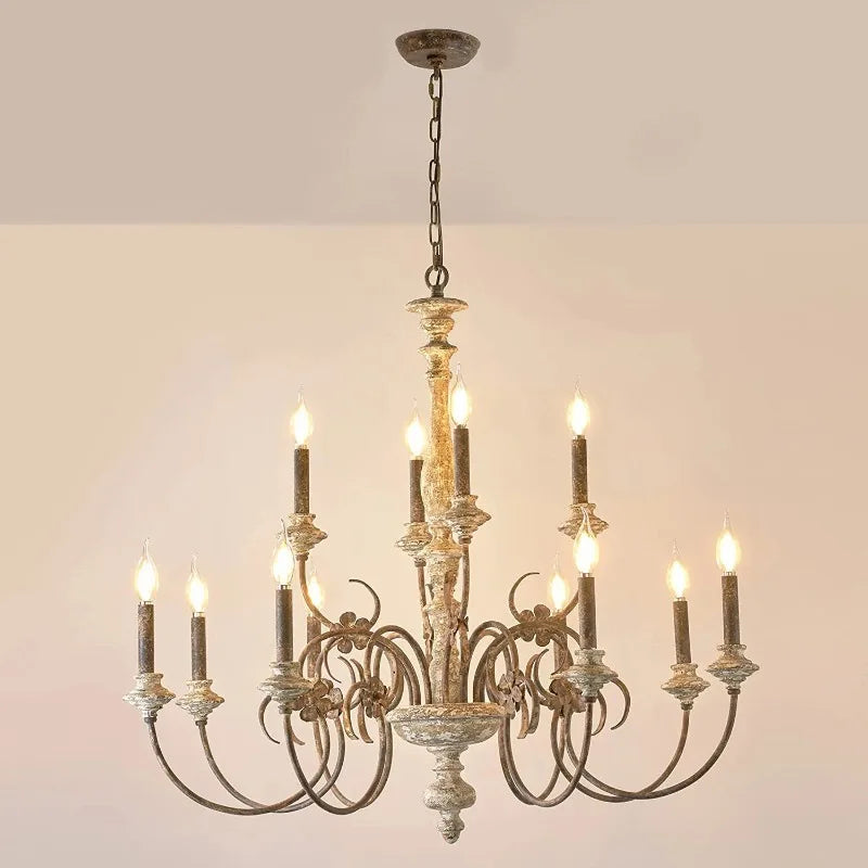 lustre vintage rustique bois blanc vieilli 12 ampoules e14 salon chambrehôtel