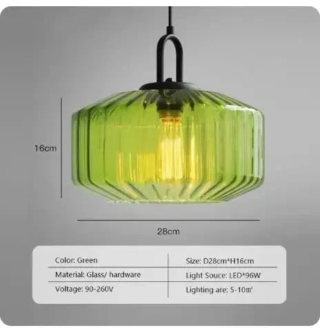 lampe suspendue verre cannelé ambre verte rose moderne minimaliste filament apparent