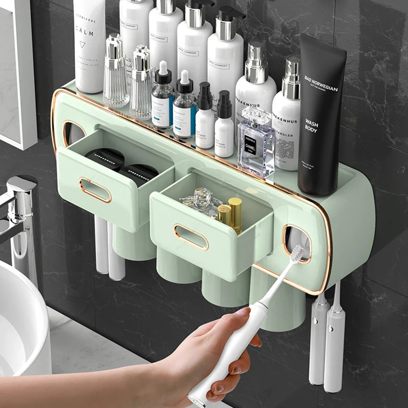 porte brosses dents adhésif moderne rangement dentifrice distributeur blanc or
