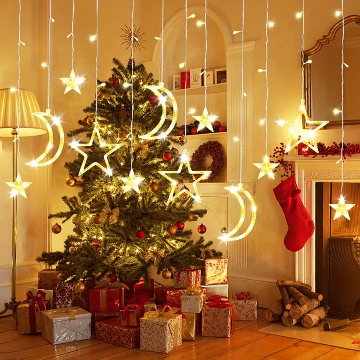 guirlande lumineuse étoiles lunes solaire led blanc doré moderne festif clips extérieur noël ramadan