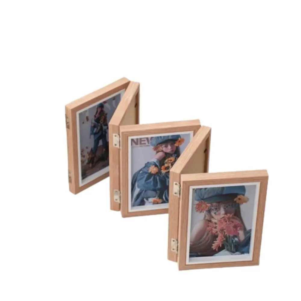 cadre photo pliable bois grainé beige portraits triptyque décoration champêtre