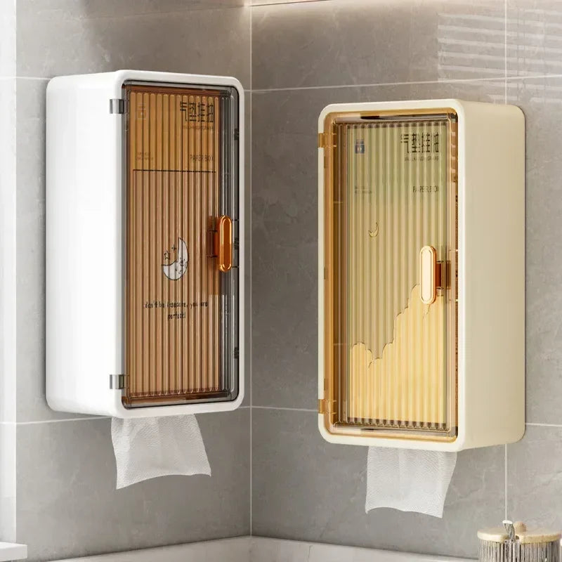 boîte rangement murale transparente moderne papier toilette serviettes bouteilles cosmétiques beige rayures dorées fixations
