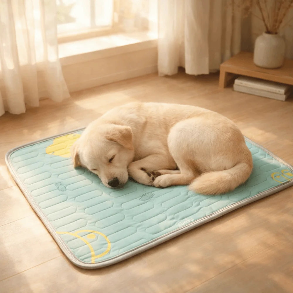 tapis rafraîchissant lavable confortable animaux compagnie bleu clair beige vert clair orange coeurs motifs