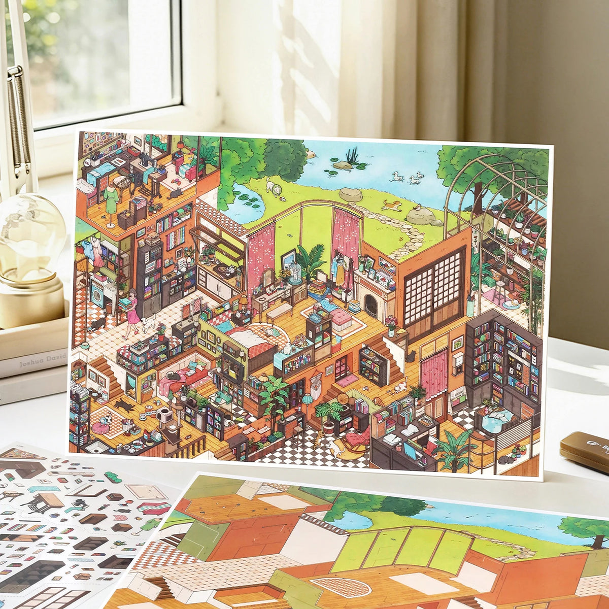 puzzle multicolore maison isométrique pieces puzzle opaques illustrations détaillées artisanal scrapbooking