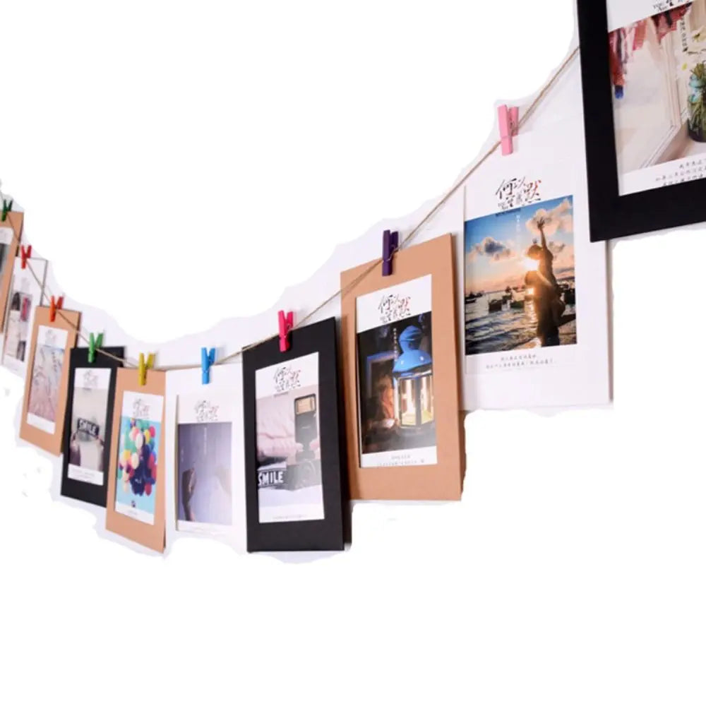 guirlande photo cadres kraft blanc multicolore pinces bois corde décoration mur chambre bohème