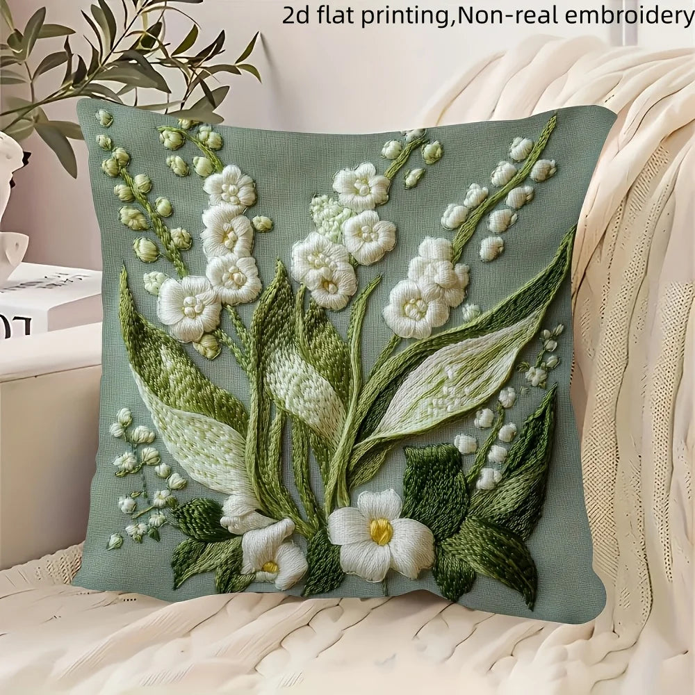 taies d'oreiller décoratives imprimées floral motifs fleurs oiseaux polyester vert clair blanc zip 45x45cm