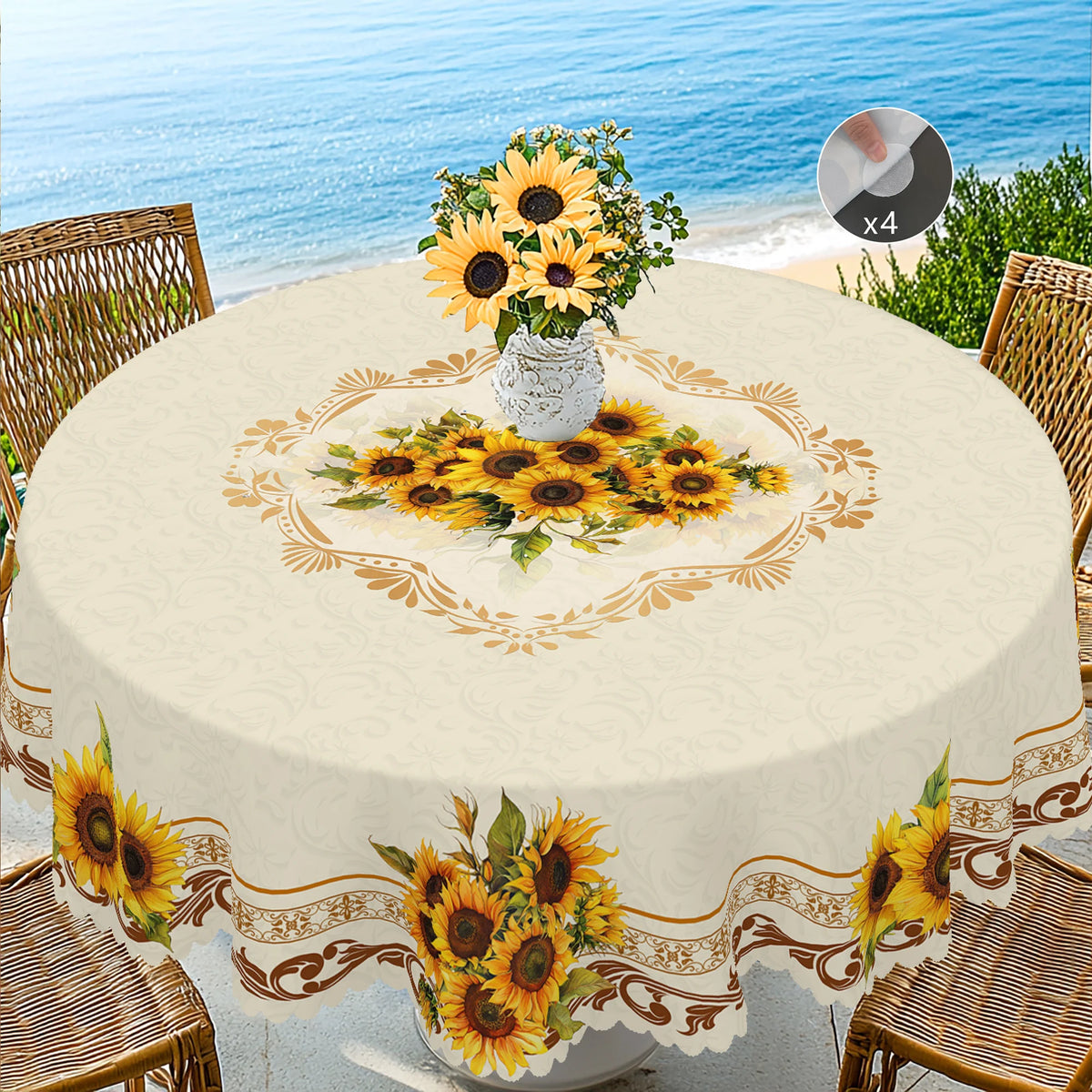 nappe fleur tournesol beige jaune serviettes inclusion extérieur mariage fête rustic classique imperméable