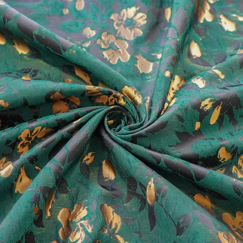 tissu brocart floral vert foncé semi transparent polyester largeur 155cm élégant résistant intempéries Jacquard