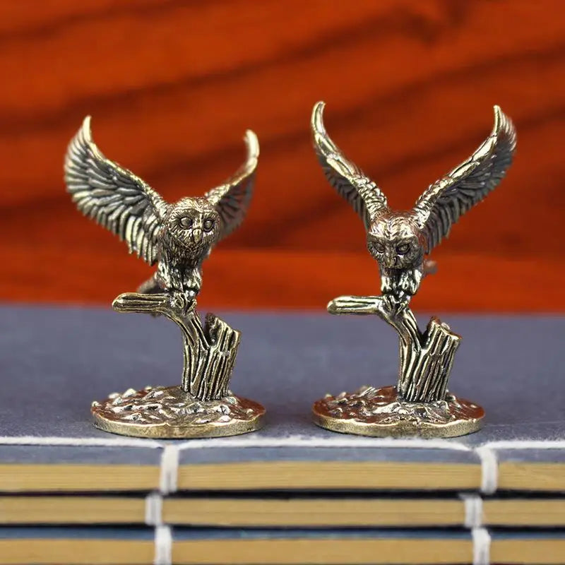 figurines oiseaux chouette bronze détaillées plumes bois décoratives asiatiques métal doré support