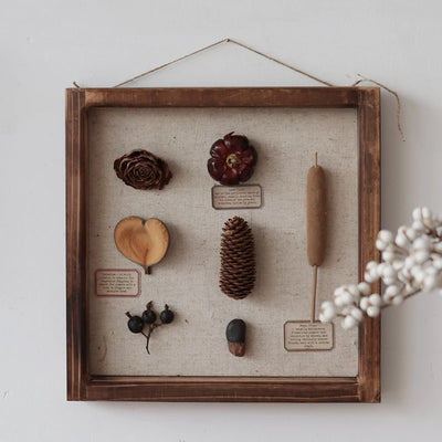 Cadre photo vintage en bois avec fleurs séchées bleues sur fond blanc