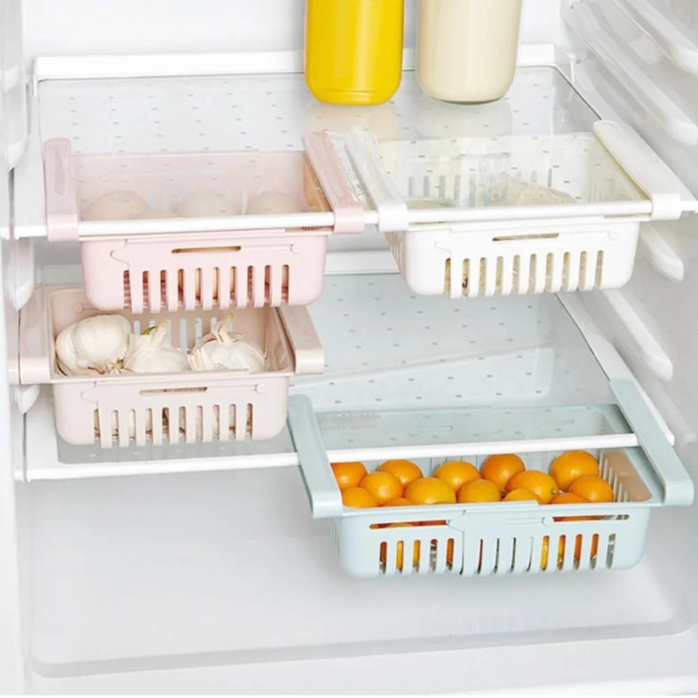 paniers rangement réfrigérateur blanc rose bleu grille perforation moderne clips fixations utilisation multipleABS