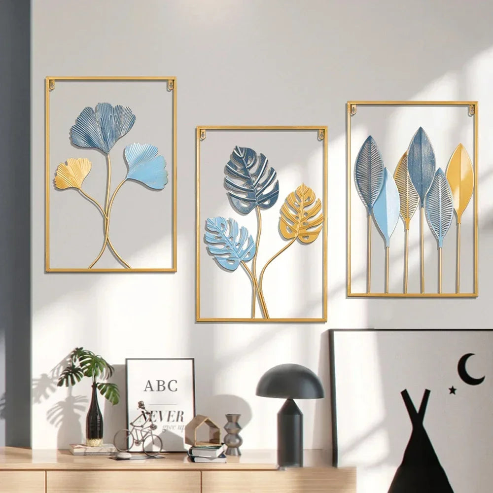 décoration murale métal feuilles stylisées cadre doré moderne plaque murale art salon minimaliste