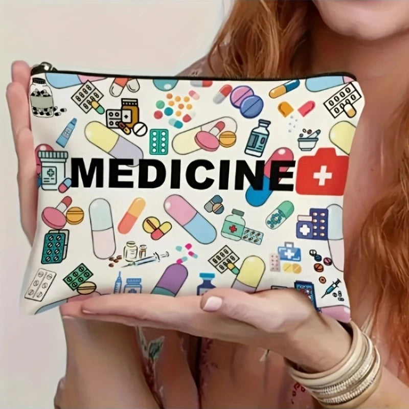 Sac maquillage moderne motif médicaments fermeture éclair blanc multicolore grand espace intérieur