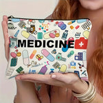 Sac maquillage moderne motif médicaments fermeture éclair blanc multicolore grand espace intérieur