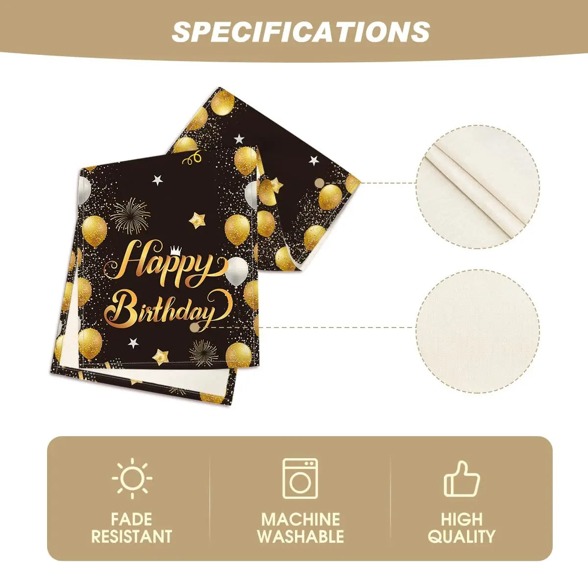 Serviettes d'anniversaire noires et dorées avec des ballons et des étoiles brillants, idéales pour une fête d'anniversaire festive et de haute qualité, lavables en machine.