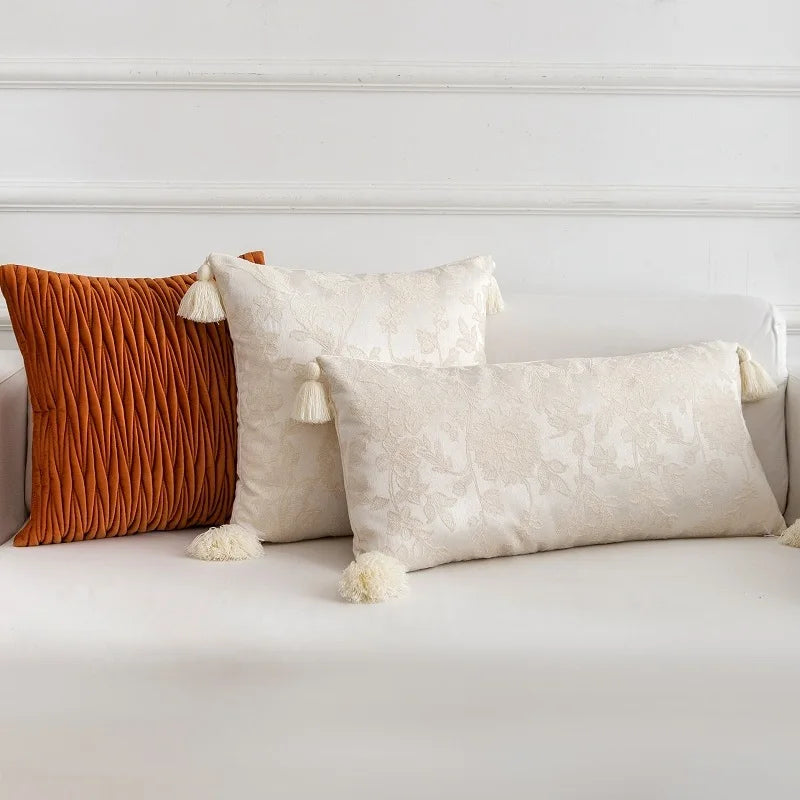 coussin patchwork fleur bohème chic blanc orange pompons adhésif 30x70cm 45x45cm polyester coton lavable