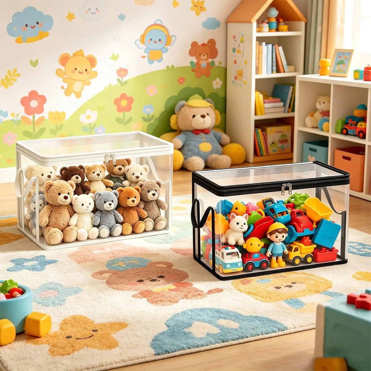 boîtes rangement transparentes modernes pliables poignées noir vêtements jouets peluches salon chambre