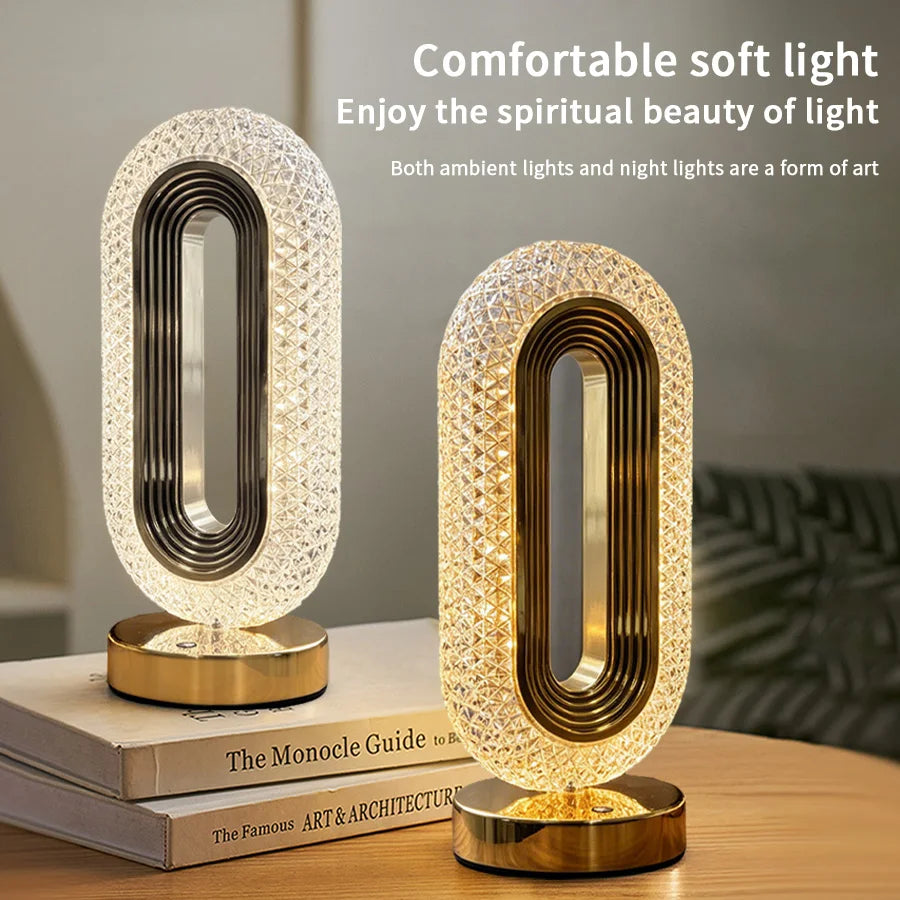 lampe table led rechargeable tactile or blanc texture diamantée moderne minimaliste base plate