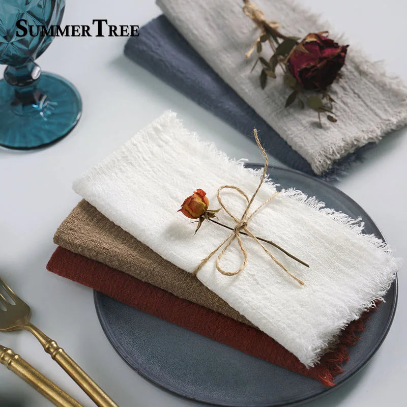 serviettes cuisine rustiques coton noir orange beige blanc rose pâle franges rustic naturel