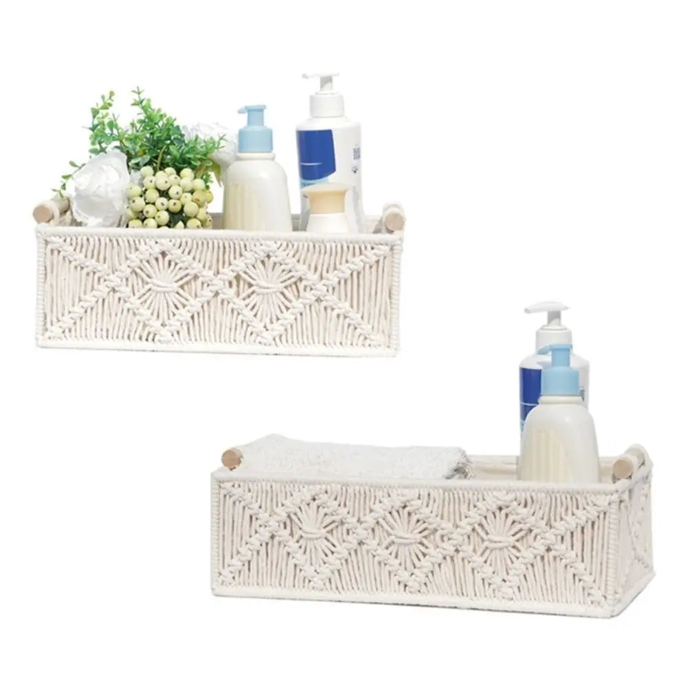 panier blanc macramé poignées bois boho rangement décoration géométrique artisanal élégant tressé